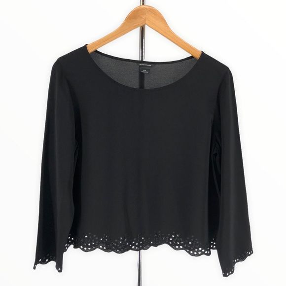 Club Monaco Silk Black Eyelet Trim 3/4 Sleeve Top Blouse - Picture 1 of 10